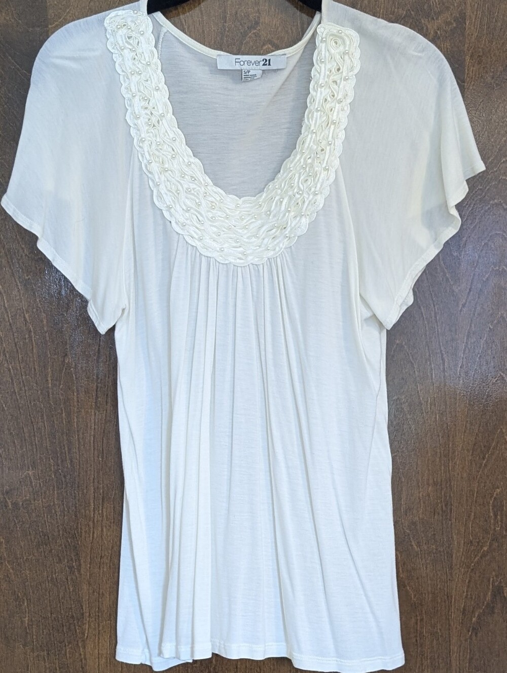Forever 21 Cream Blouse with Pearl Neckline